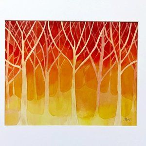 PAINTING WATERCOLOR ART TREES AUTUMN LANDSCAPE 11X14 RED ORANGE YELLOW 16X20 MAT